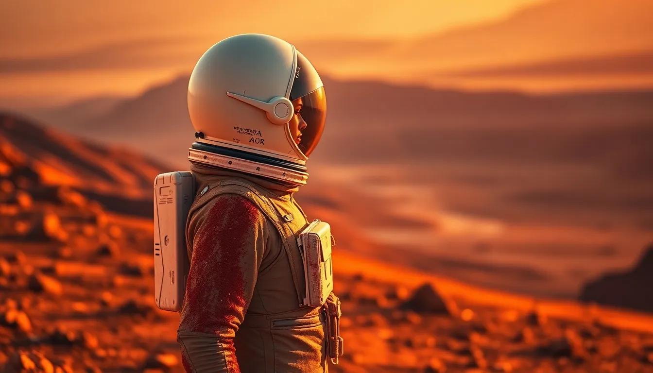 Female Astronaut on Mars with Canyon View