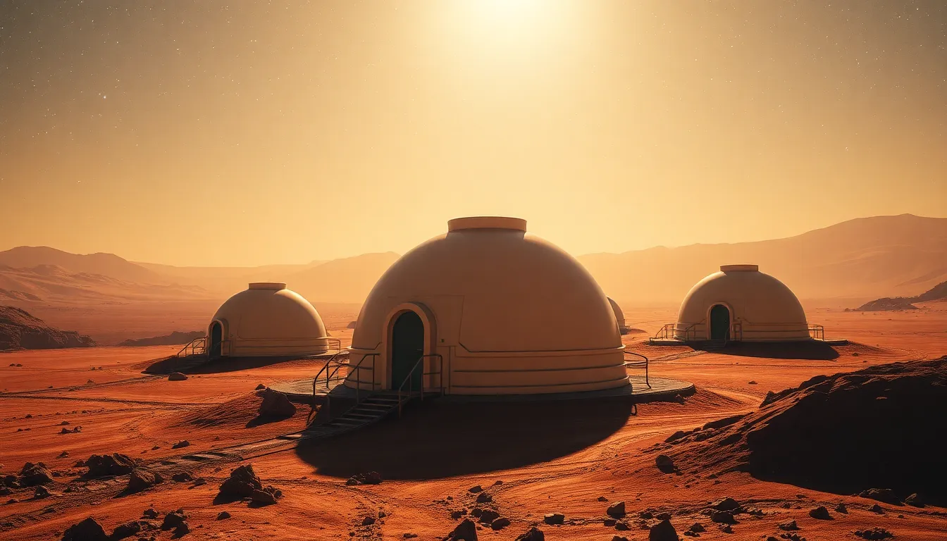 Futuristic Astronaut Colony on Mars This captivating image illustrates a futuristic astronaut colony on the surface of Mars, set against a breathtaking starry sky. The dappled sunlight filters through the Martian atmosphere, creating an ethereal glow around the habitat domes. The muted color palette evokes the desolate beauty of the red planet, while the shallow depth of field focuses on the structures, adding to the surreal atmosphere. The Dutch angle composition introduces a sense of dynamic tension, allowing viewers to feel the excitement of human exploration in this otherworldly environment. The textural contrast between the domes and rugged terrain further enriches this compelling vision of life on Mars.