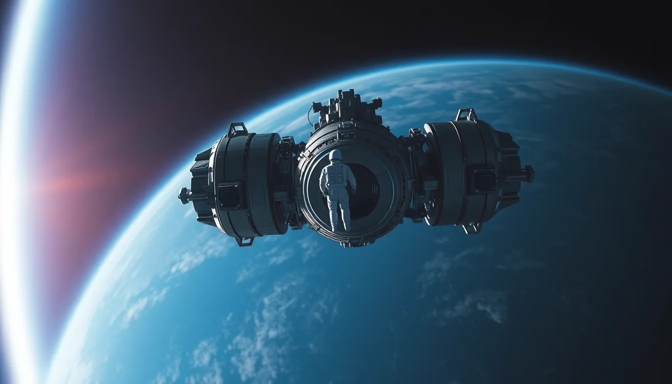 Astronaut Maintaining Futuristic Space Station