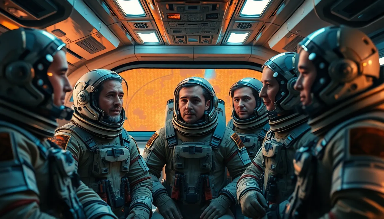 Astronauts Strategizing Inside Spacecraft