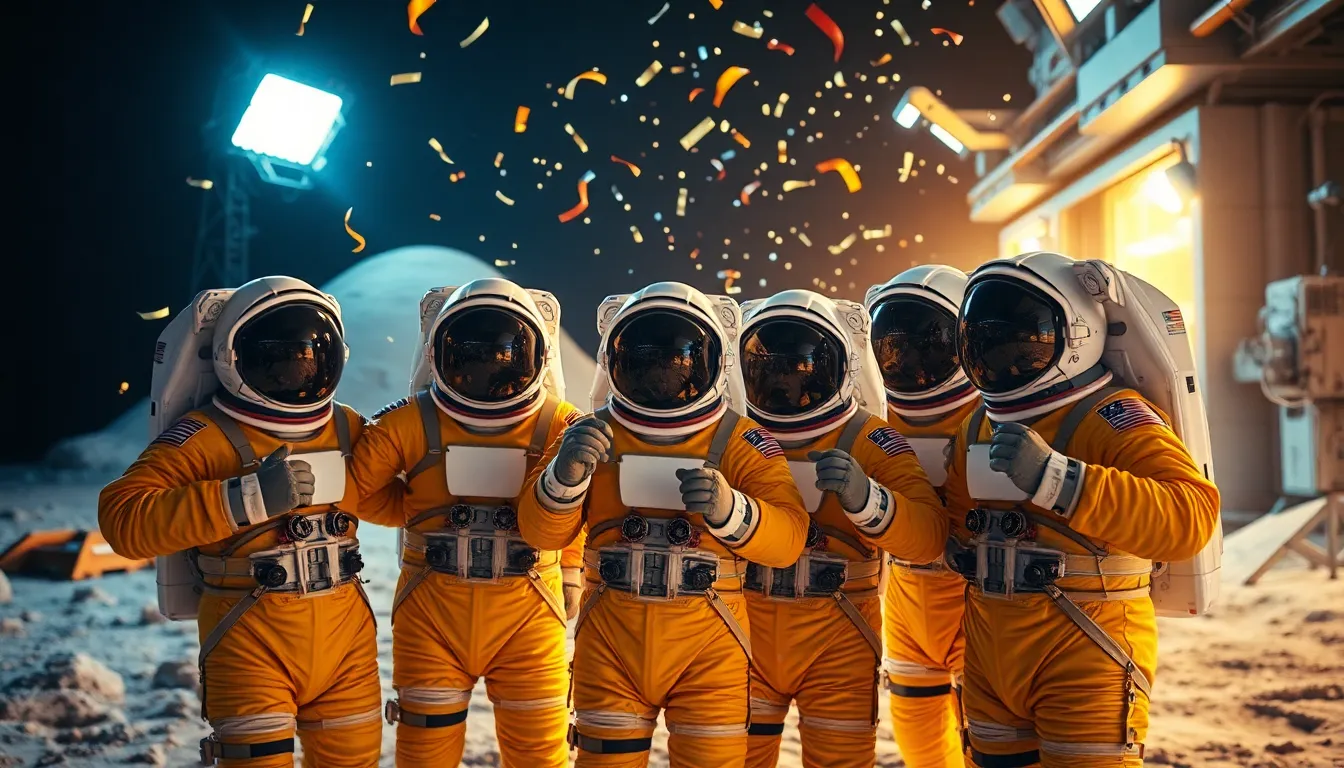 Astronauts Celebrating Successful Mission on Moon Base