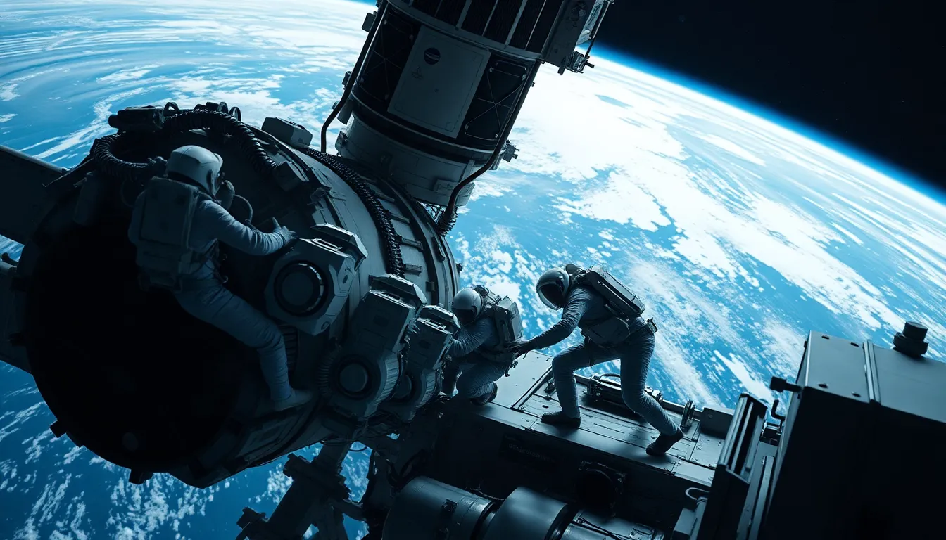 Astronauts Collaborating on Satellite in Space