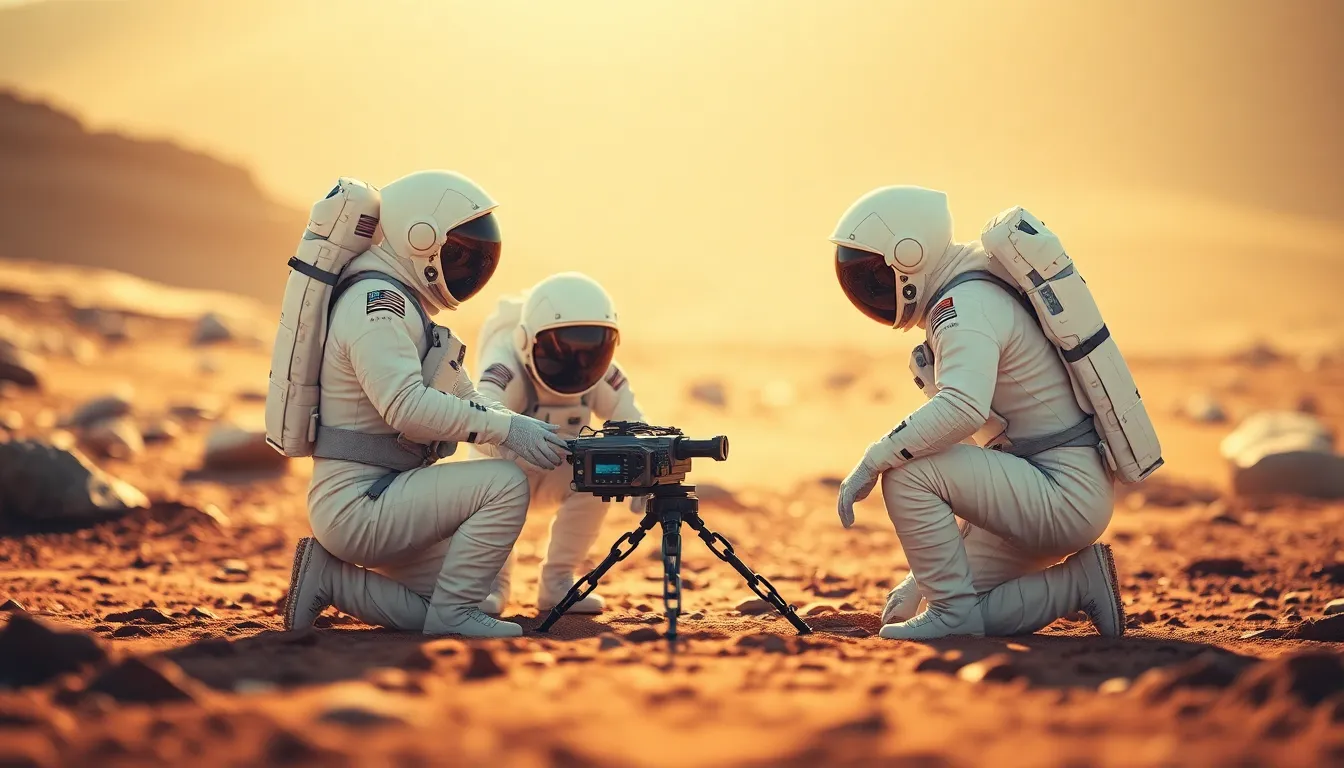 Astronauts Assembling Equipment on Mars This engaging image showcases a team of astronauts diligently working together to assemble equipment on the Martian landscape. Bathed in soft, dappled sunlight, their white suits stand out against the rich red and orange tones of Mars' surface. The focus brings the astronauts into sharp detail while creating a soft bokeh effect in the background, emphasizing their collaborative effort. The composition is dynamic, evoking a sense of progress and the pioneering spirit of space exploration.