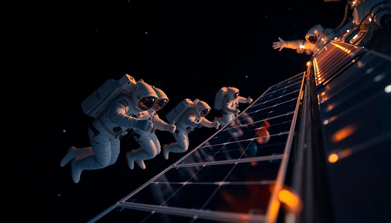 Astronauts Repairing Solar Panels in Space This dynamic image showcases a group of astronauts engaged in a vital spacewalk, repairing solar panels on the International Space Station at twilight. The warm glow of the station's lights contrasts beautifully with the deep navy of space, creating a visually striking scene. Selective focus draws the viewer's attention to the astronauts, while the twinkling stars in the background add a sense of depth and intrigue. The intricate details of their suits and the sleek design of the solar panels highlight the cutting-edge technology involved in space exploration.