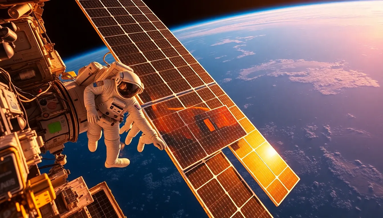 Astronauts Performing Spacewalk During Sunset