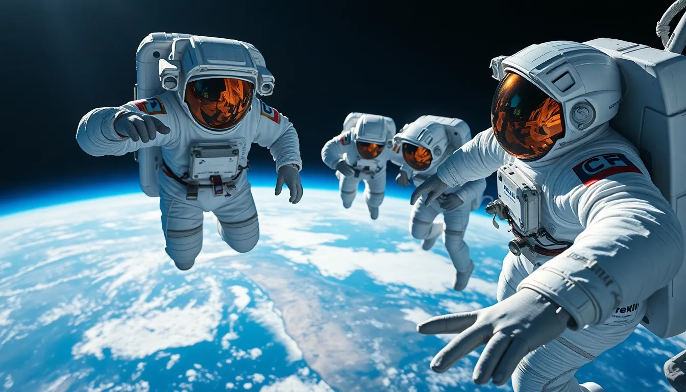 Astronaut Team in Spacewalk In this captivating scene, a team of astronauts conducts a spacewalk outside their spacecraft. The harsh sunlight creates dramatic shadows and highlights against their white suits, adding depth to the image. A selective focus draws attention to one astronaut's determined expression. The muted color tones give the photograph a serene yet adventurous feel, with sharp details on the suits enhancing realism.