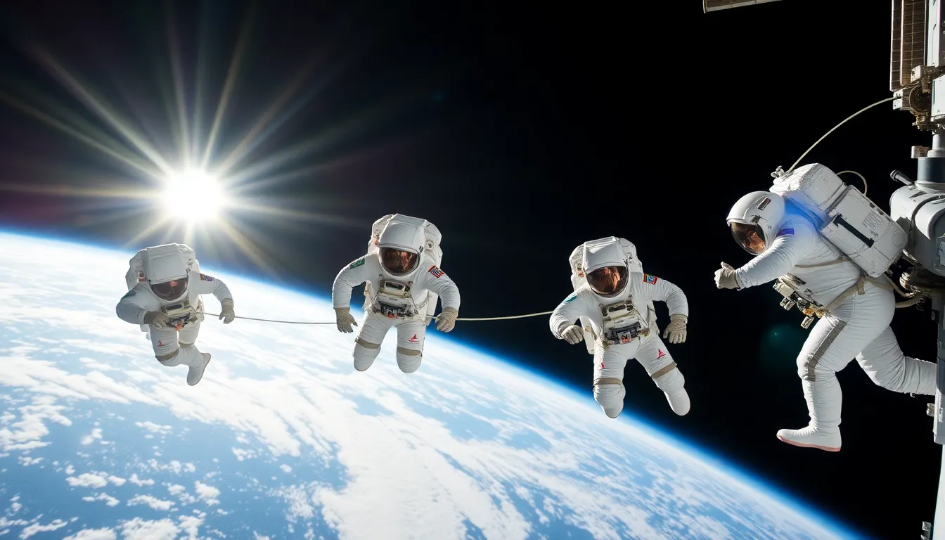 Astronauts Spacewalk Outside ISS This captivating image features a group of astronauts performing a spacewalk outside the International Space Station. Bathed in sunlight, their suits shine brightly against the deep blue of Earth, creating a striking contrast. The hyperfocal focus ensures sharpness throughout, while the composition highlights their teamwork against the backdrop of the planet below. This scene captures the essence of human exploration in space.