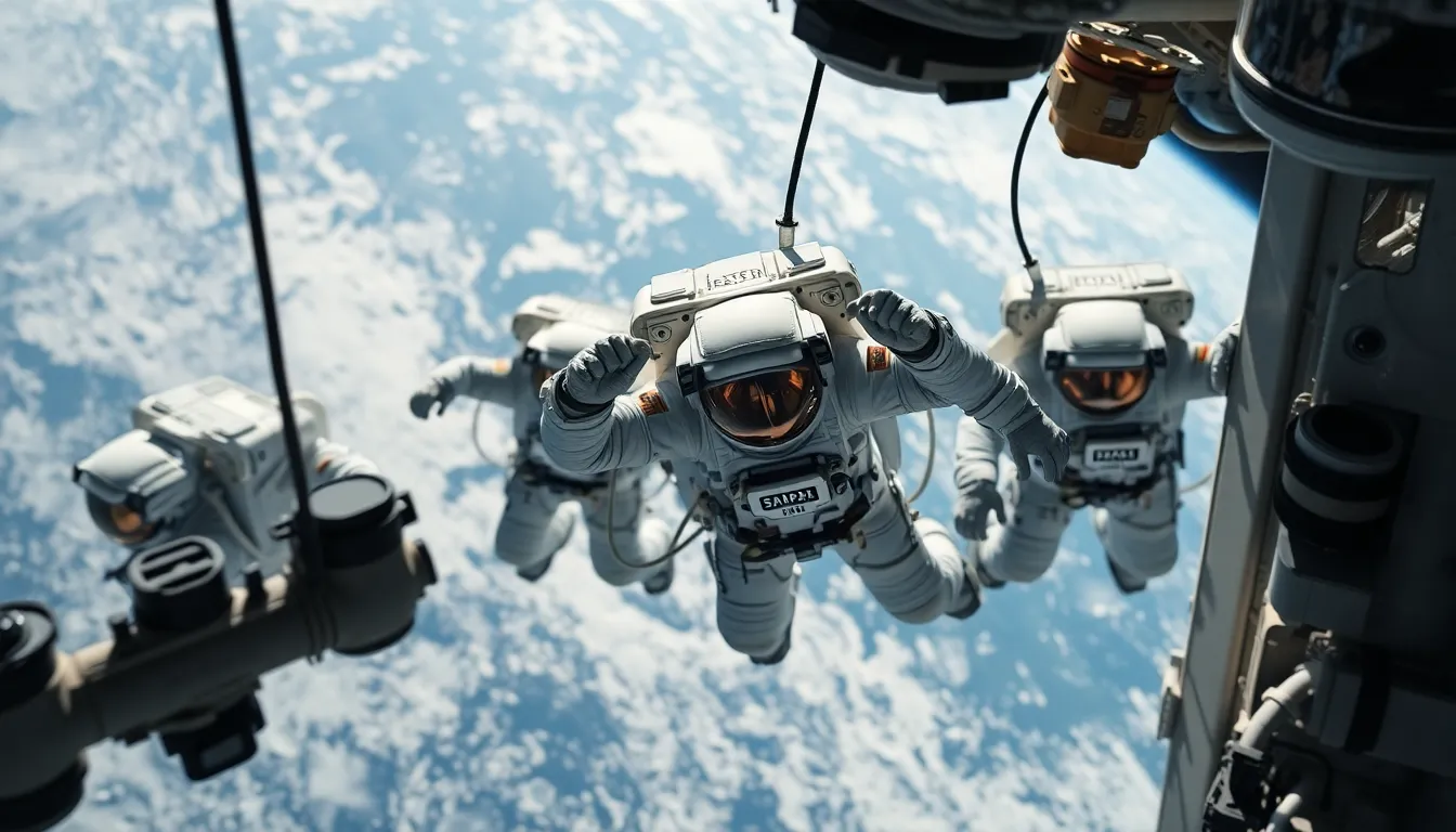 Astronauts Performing Spacewalk with Equipment