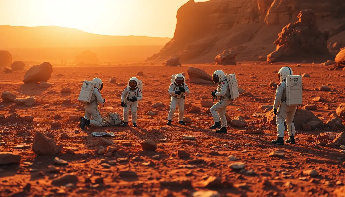 Astronauts Researching on Martian Landscape