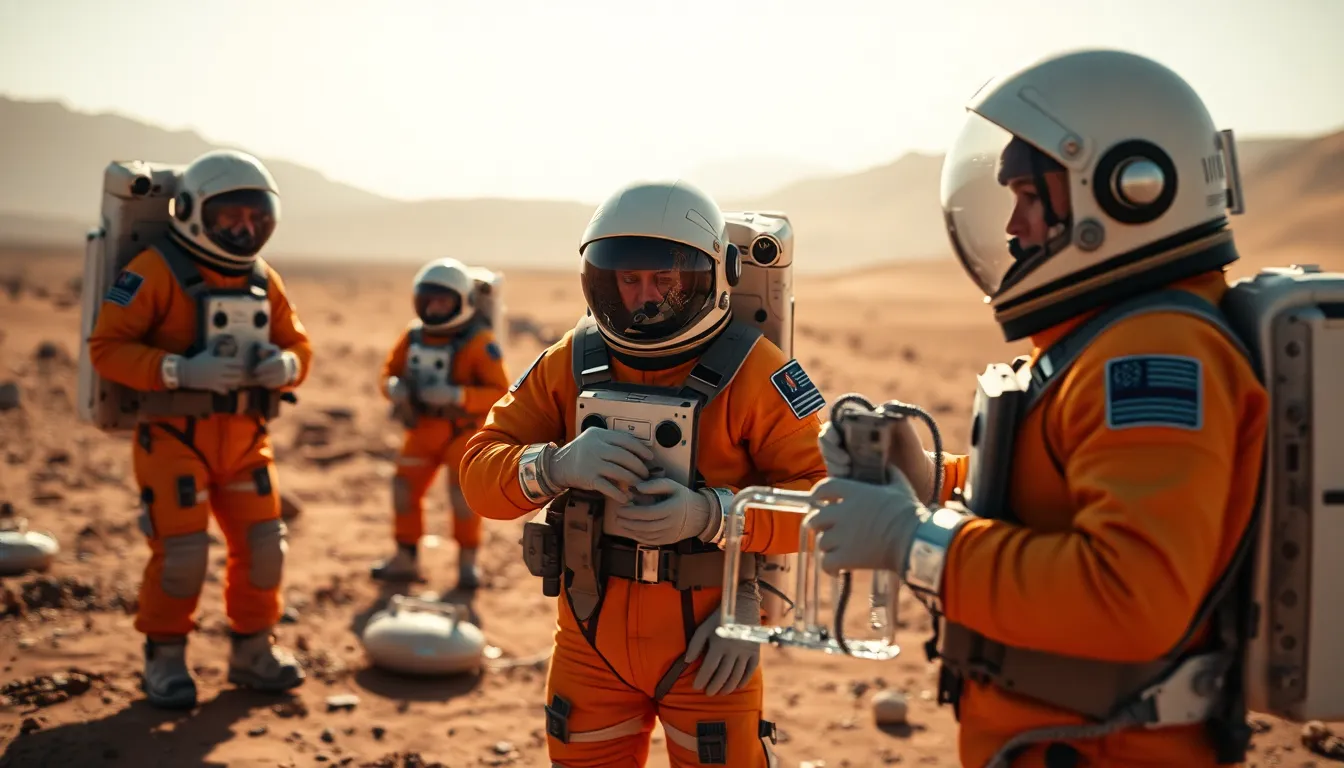 Astronauts Conducting Experiments on Mars In this captivating image, a group of astronauts is shown conducting scientific experiments on the red surface of Mars. The warm natural sunlight casts a serene hue over the scene, enhancing the muted reds and browns of the Martian landscape contrasted by the bright suits of the astronauts. The selective depth of field emphasizes the astronauts engaged in their work, while the vast terrain blurs softly in the background. This composition beautifully conveys the spirit of exploration and discovery on another planet.