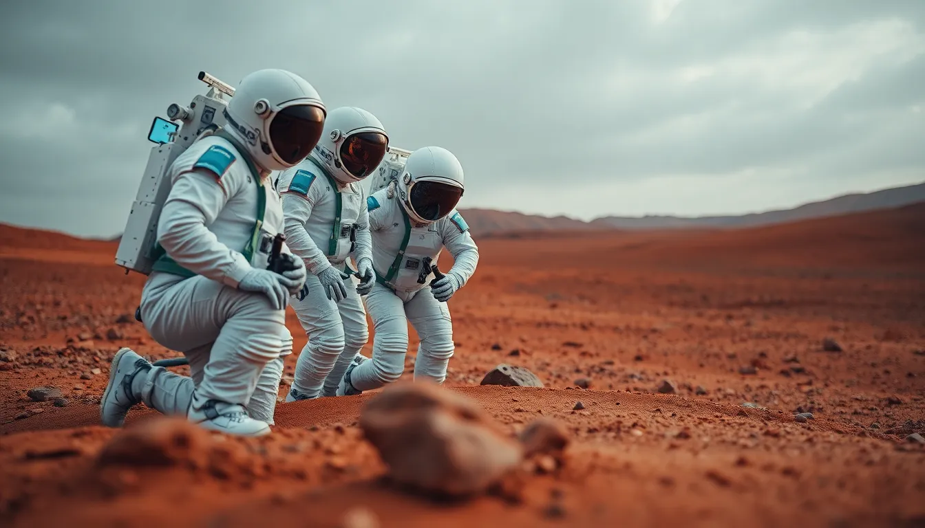 Astronauts Conducting Experiment on Mars This captivating scene showcases a group of astronauts engaged in a scientific experiment on the surface of Mars. Bathed in the warm sunlight of the Martian environment, the team works diligently against a backdrop of striking red terrain. The shallow depth of field draws attention to their actions, while the landscape gently fades into a soft blur. The vibrant colors and textures highlight both the challenges and excitement of exploration on another planet.