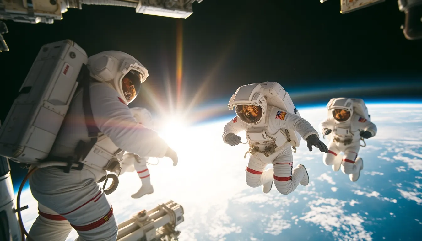 Astronauts Repairing Satellite in Space