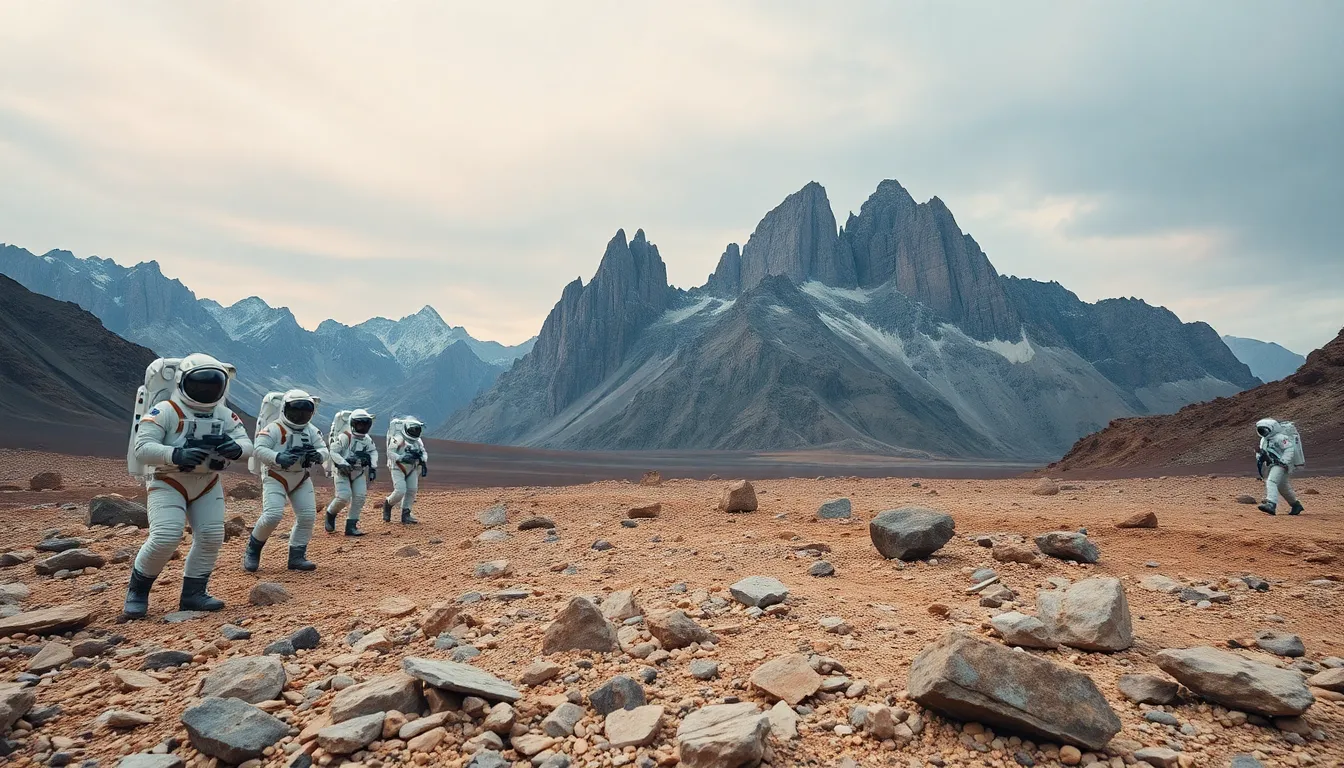Astronauts Exploring Alien Landscape