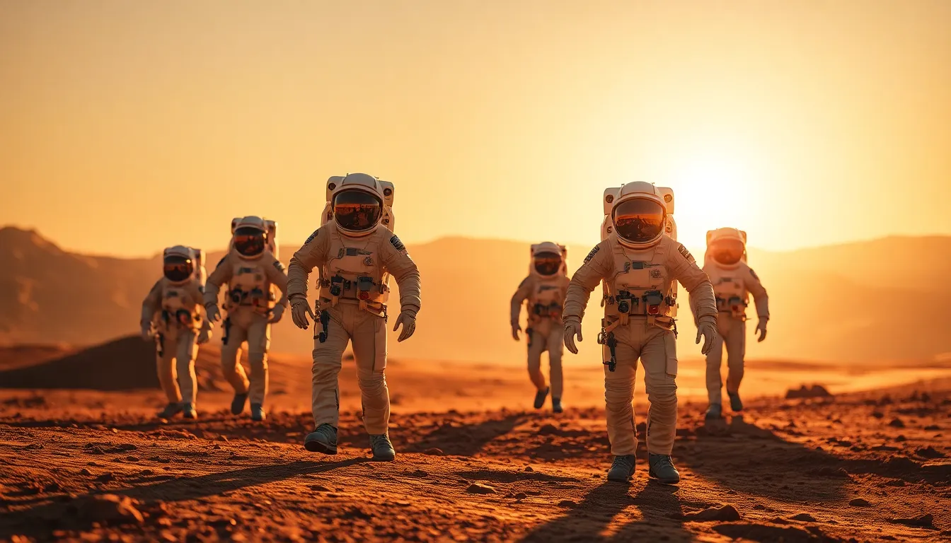 Astronauts Exploring the Martian Surface at Sunset