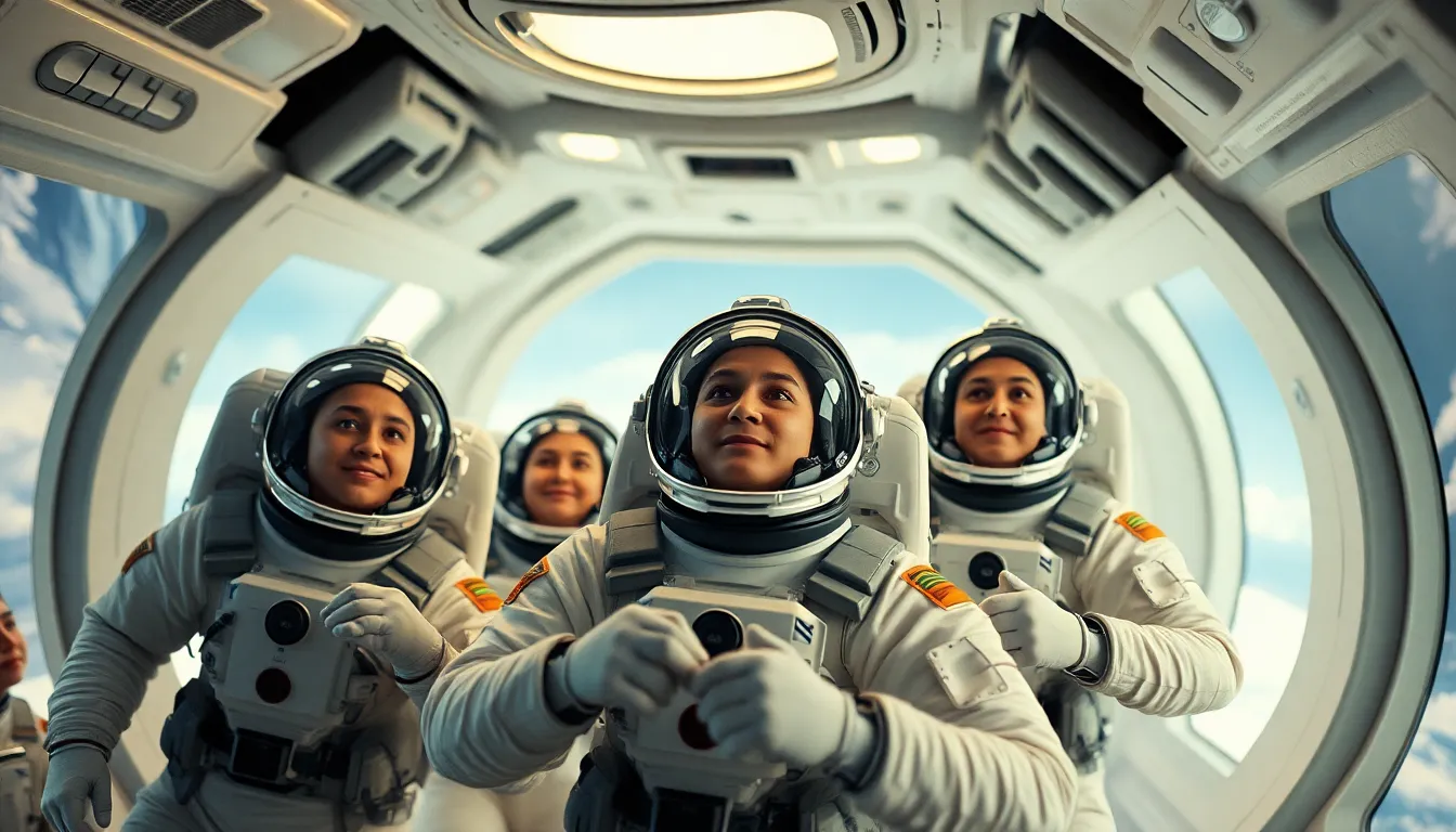 Astronauts in Futuristic Space Habitat