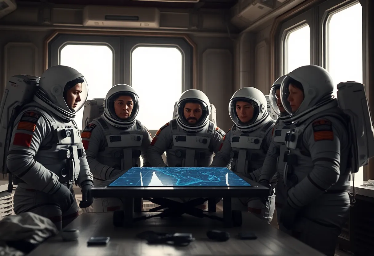 Astronauts Planning on Lunar Base This engaging image depicts a team of astronauts collaborating around a table on a lunar base. The soft daylight creates a warm atmosphere as they study a holographic map. Their serious expressions convey focus and teamwork amidst the stark lunar environment. Muted earth tones and cool gray shades enhance the otherworldly feel, while the textures of their suits and surroundings add depth to the composition.