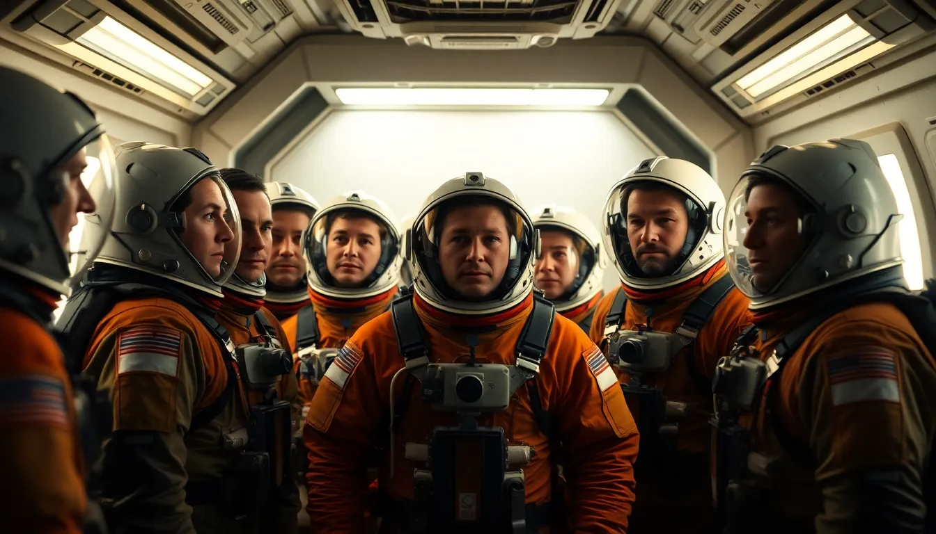 Astronauts Preparing for Space Mission In this intimate setting, a group of astronauts reviews mission details inside their spacecraft, surrounded by advanced technology. The warm LED lighting creates a focused ambiance, highlighting their determined expressions and colorful suits. Captured with a medium format camera, every detail of their attire shows the intricacies of space gear. The centered composition enhances themes of teamwork and preparation, inviting viewers into the world of space exploration.