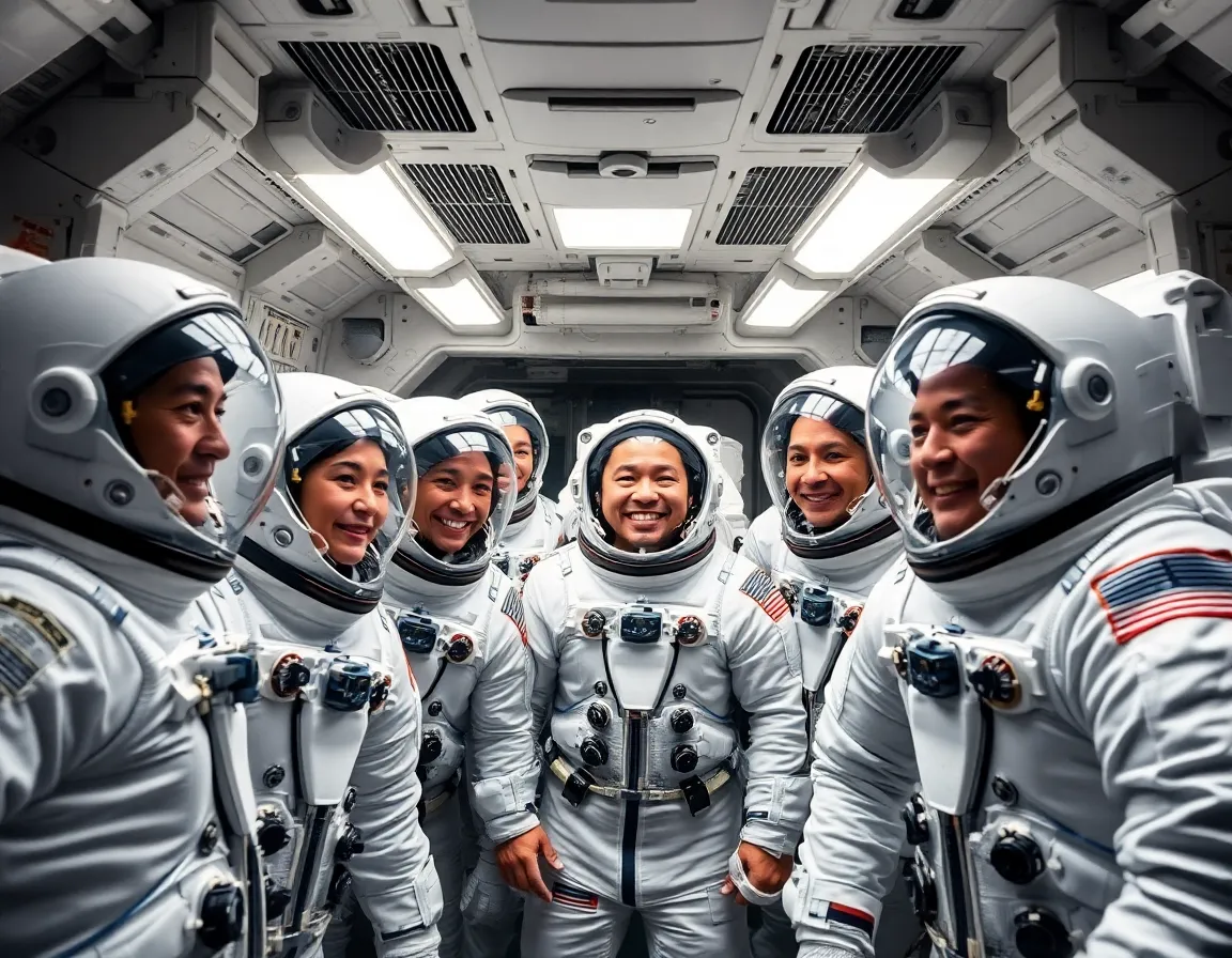 Astronauts Teamwork Inside the ISS This heartwarming image shows a group of astronauts bonding inside the International Space Station, showcasing their teamwork and camaraderie. The soft butterfly lighting provides a clean, sterile feel while emphasizing their expressions of joy. The muted color palette adds to the tranquility of the moment, inviting viewers to reflect on the human connections formed in extraordinary environments. This photograph captures the essence of collaboration in space exploration.