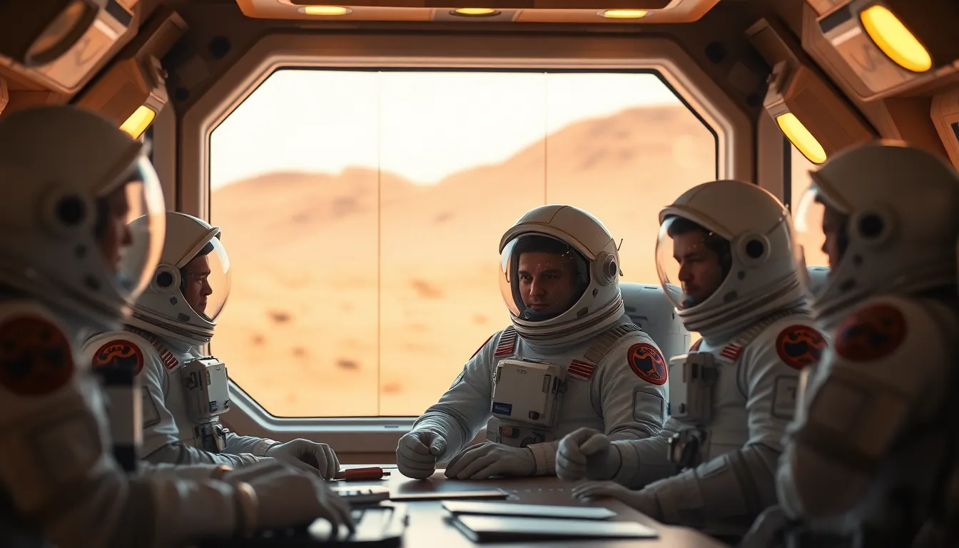 Astronauts Collaborating Inside Martian Habitat