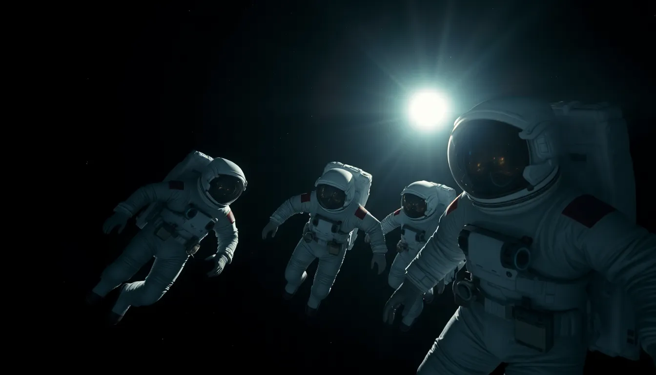 Astronauts Floating in Space In this stunning image, a group of astronauts in bright, reflective suits float gracefully through the darkness of space. The gentle illumination from a faraway sun casts a soft glow around them, enhancing the dreamlike quality of the scene. With a shallow depth of field, the stars behind them blur into a mesmerizing bokeh, placing the focus squarely on the astronauts. This composition captures the serene and awe-inspiring nature of outer space while showcasing the advanced technology of human exploration.