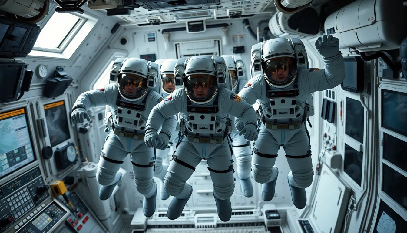 Astronauts Collaborating in Space This vibrant image depicts astronauts engaging with each other inside the International Space Station. The floating environment showcases their high-tech suits and equipment, capturing the essence of life in space. The clear focus throughout the scene emphasizes the intricate details of both the astronauts and their surroundings, creating a sense of teamwork and innovation in the vastness of space. The natural color palette highlights the sterile yet fascinating environment of the ISS.