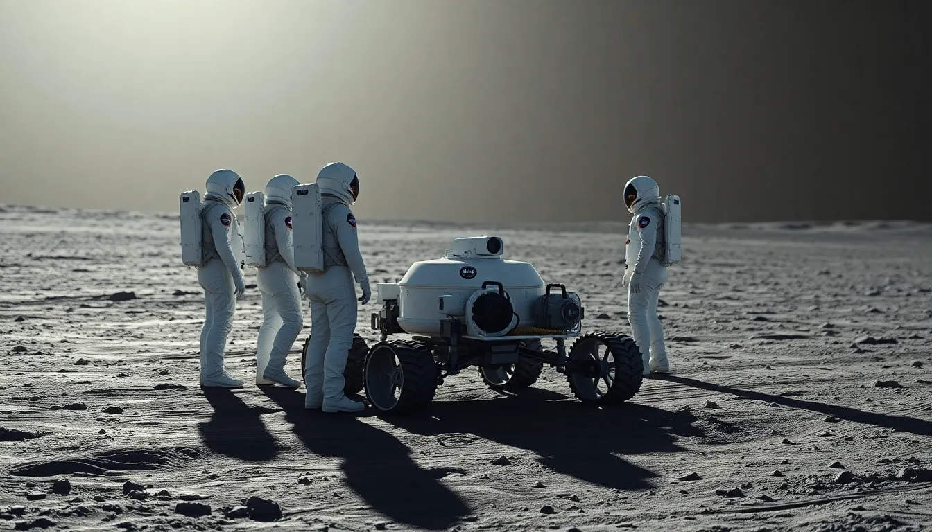 Astronauts Exploring the Lunar Surface A group of astronauts in high-tech suits explore the gray, dusty surface of the moon, accompanied by a lunar rover. Bright sunlight casts sharp shadows, creating a dramatic contrast against the pale landscape. The foreground features detailed textures of their suits, while the background fades softly, enhancing depth. This scene captures the essence of exploration in a stark and desolate environment, highlighting human ingenuity amidst the vastness of space.