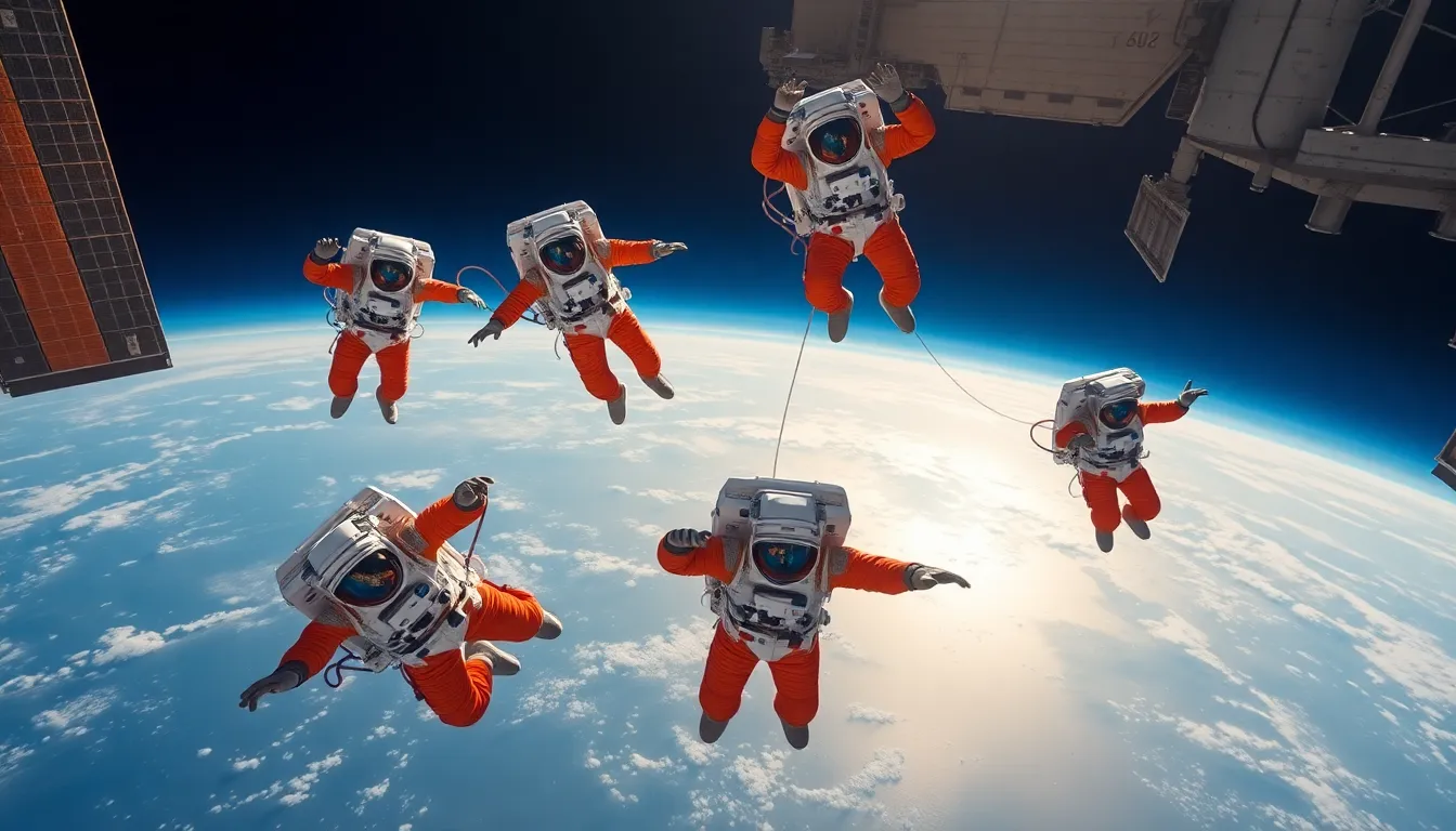 Astronauts Performing Spacewalk Outside ISS