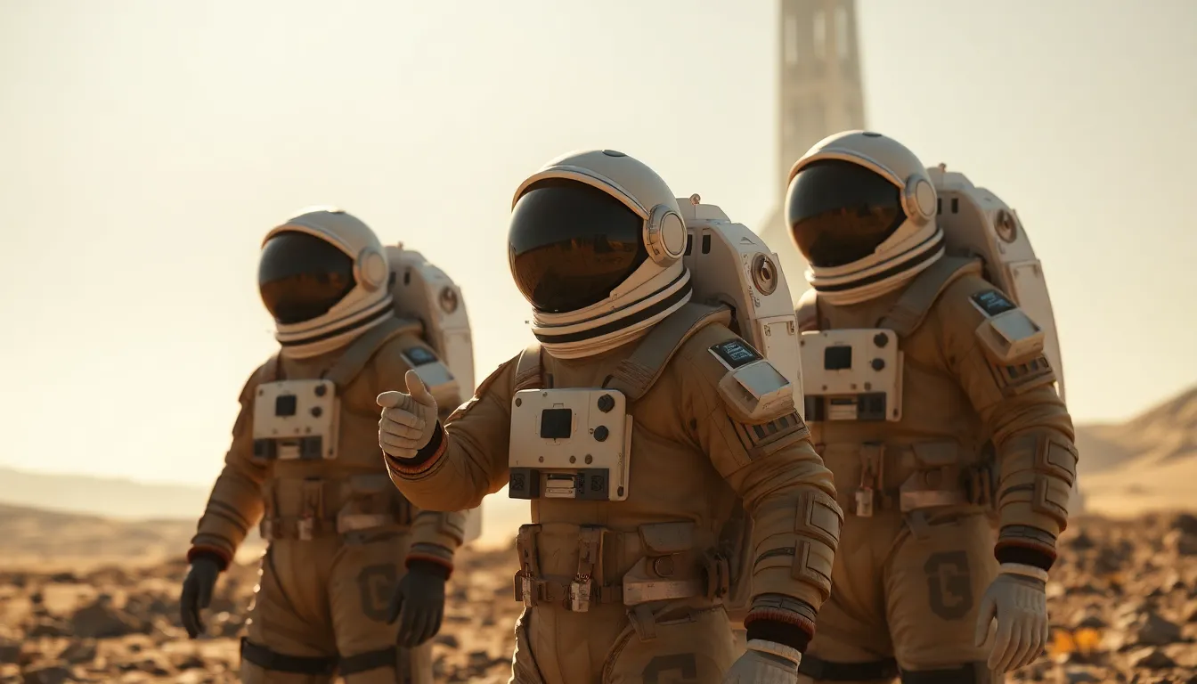 Astronauts Exploring an Alien Landscape