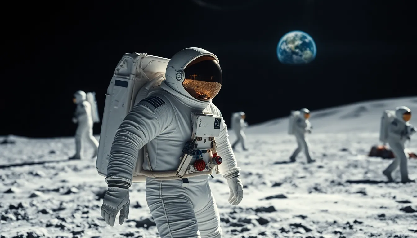 Astronauts Exploring the Moon This iconic image depicts a group of astronauts exploring the lunar surface during a historic moon mission. The harsh sunlight creates striking contrasts and highlights the details of their suits and the rugged lunar landscape. Earth's faint silhouette can be seen against the black sky, adding to the scene's significance. The composition captures the vastness and desolation of the moon, emphasizing the bravery of human exploration.