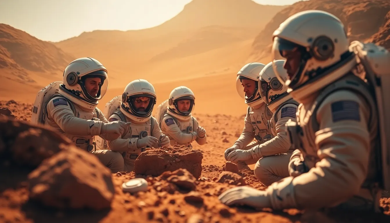 Astronauts Collaborating on Mars Surface This captivating image illustrates a group of astronauts conducting a collaborative experiment on the rugged surface of Mars, showcasing human ingenuity in extraterrestrial exploration. The warm natural light enhances the striking reds and earthy textures of the Martian landscape. Each astronaut’s focused expression is rendered in detail, highlighting the teamwork required for such critical missions. The composition utilizes leading lines from the terrain to guide the viewer's attention toward the astronauts, encapsulating a moment of scientific discovery in an alien world.