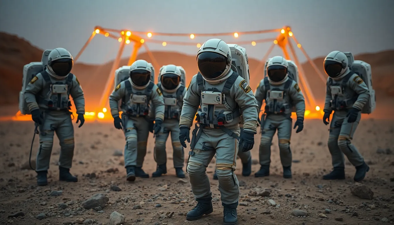 Astronauts in Lunar Base Simulation This captivating image portrays a group of astronauts engaged in a lunar base simulation set against a rugged desert landscape. The warm lighting mimics an artificial environment, highlighting the intricate textures of their suits while contrasting with the earth tones of the terrain. The shallow depth of field draws focus to the astronauts, infusing the scene with an air of camaraderie and determination. The centered composition underscores their unity and collaborative spirit, emphasizing the importance of teamwork in space exploration.
