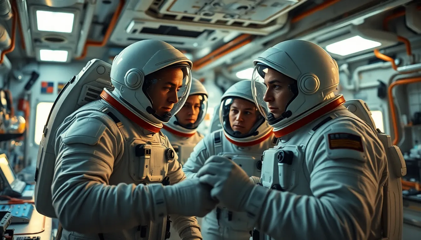 Astronauts Collaborating on Experiment in Space