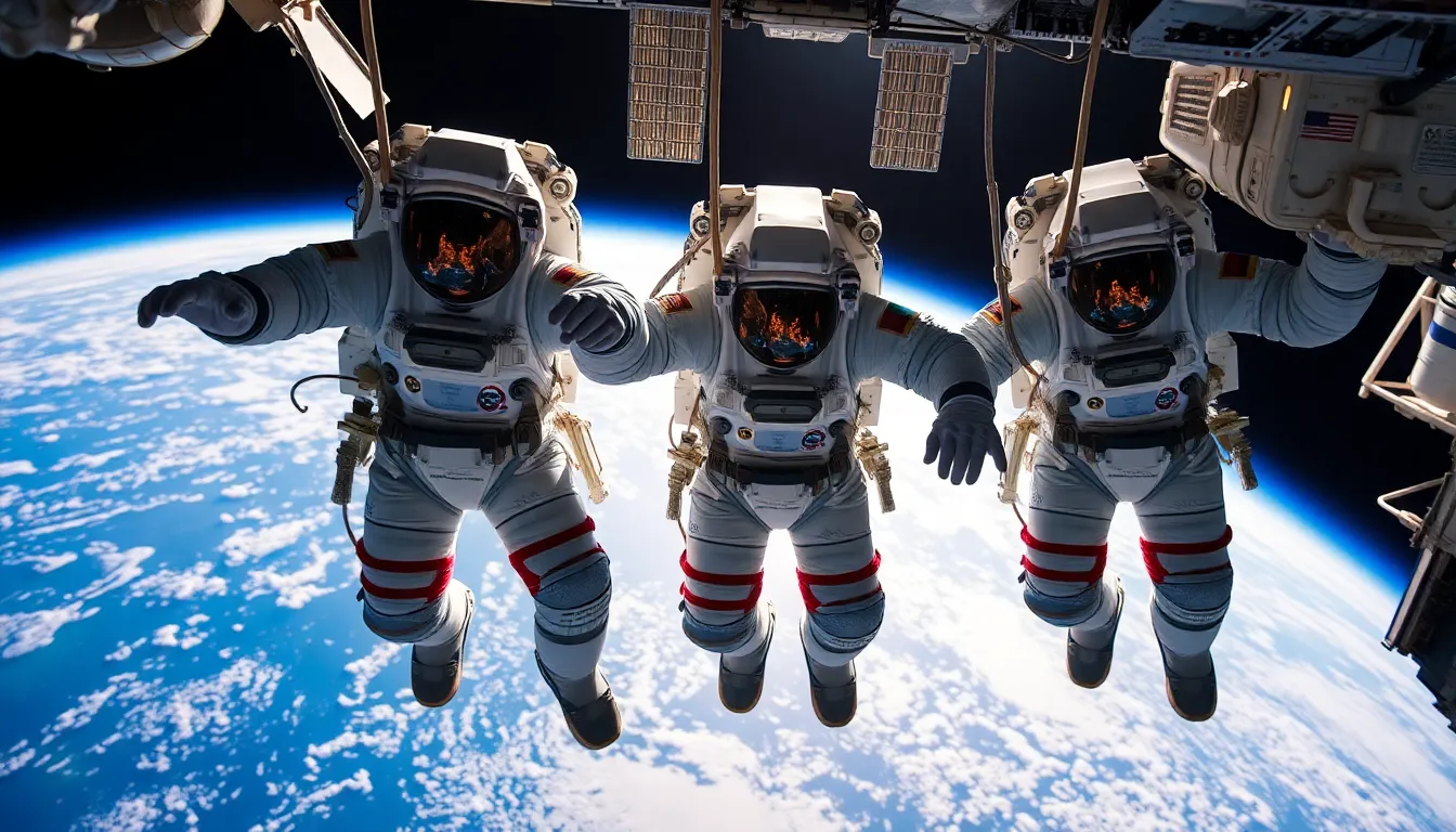 Astronauts Performing Spacewalk near Earth This thrilling image depicts a group of astronauts conducting a spacewalk outside the International Space Station, with Earth providing a stunning backdrop. Bright sunlight enhances the vivid colors of the scene, creating dramatic highlights and shadows on their suits. The sharp focus captures intricate details, from the reflective visor to the vibrant blues of the planet below. The astronauts' tethers create leading lines that draw viewers into the spectacle of space exploration.