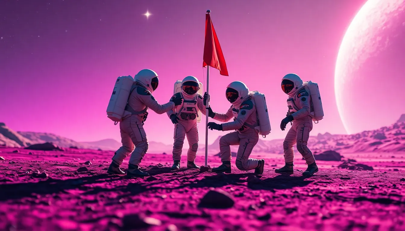 Astronauts Planting Flag on Alien Planet