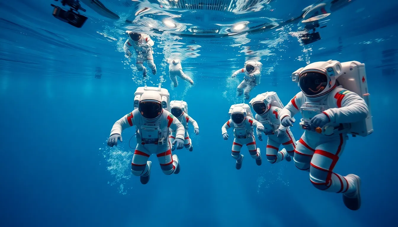 Astronauts Simulating Spacewalk in Training Pool This dynamic image presents a team of astronauts training for a spacewalk in a vast training pool. The bright overhead lights create stunning reflections on the water's surface, capturing the fluid movements of the astronauts as they mimic the conditions of zero gravity. The sharp focus reveals intricate details of their suits and the bubbles that surround them, conveying a sense of realism and preparation. This scene immerses viewers in the rigorous training involved in space exploration.