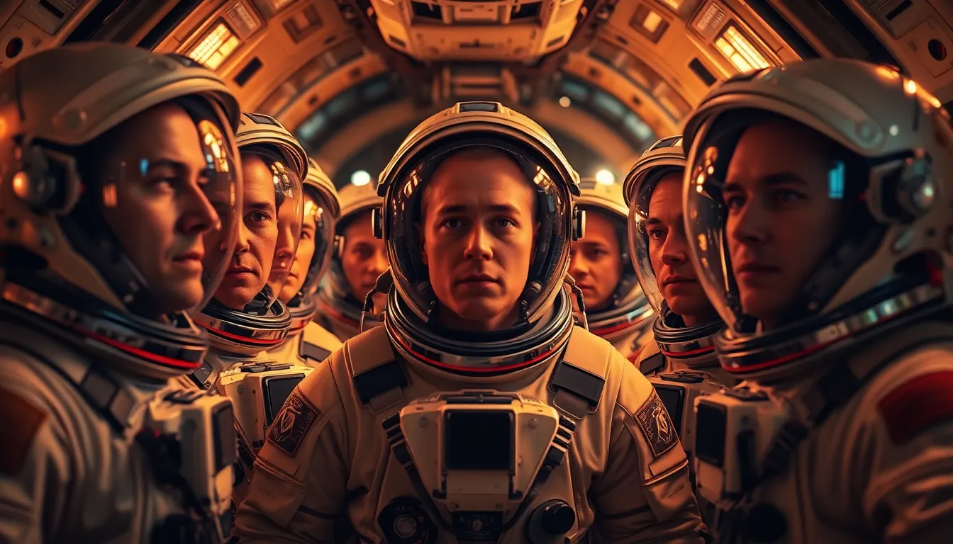 Astronauts Preparing for Launch This intimate image captures a group of astronauts deep in conversation as they prepare for their upcoming launch inside a spacecraft. The warm tungsten lighting envelops the scene, creating a cozy and focused atmosphere amidst the metallic surroundings. With a shallow depth of field, the astronauts are sharply in focus while the background instruments gently blur, emphasizing the mood of anticipation. The color palette balances warm skin tones with the cooler hues of the spacecraft, highlighting the blend of human emotion and technology in space exploration.