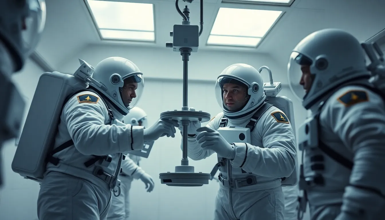 Astronauts Training in Zero-Gravity Chamber Inside a high-tech zero-gravity training chamber, a diverse group of astronauts collaborate, showcasing the intricate workings of their suits and equipment. Soft, diffused lighting sets a calm mood, while the vibrant colors of the suits contrast with the sleek environment. The image captures the essence of teamwork and innovation, perfectly framing the central astronaut as they engage with their floating tools. This detailed representation highlights the unique challenges astronauts face during training.