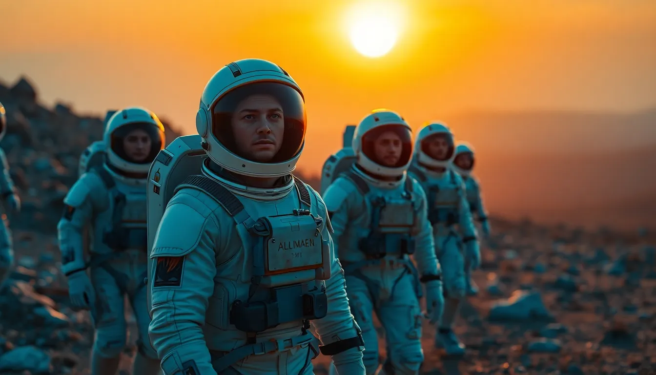 Astronauts Exploring an Alien Planet at Sunset