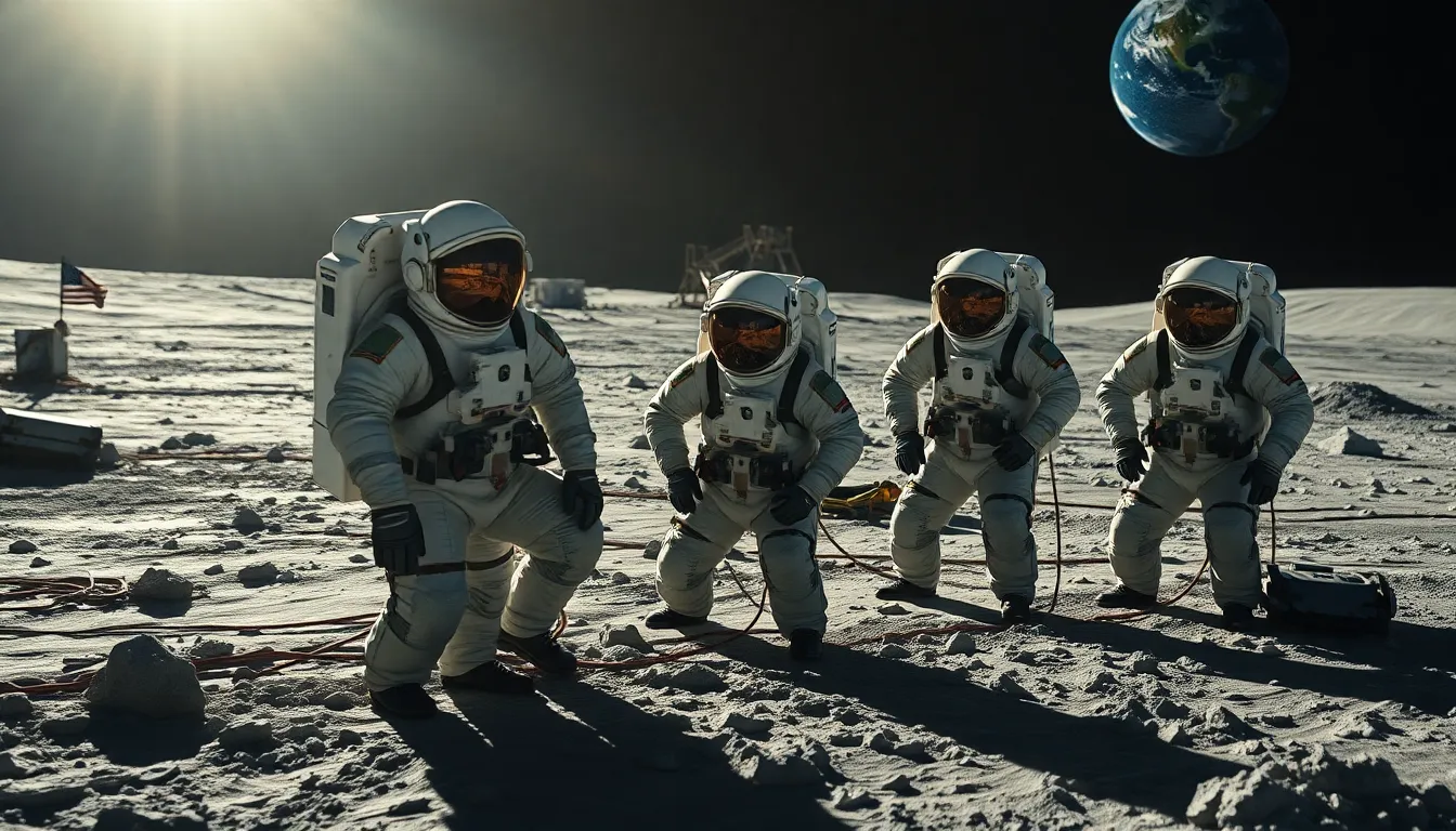 Astronauts Constructing Lunar Habitat This dynamic image captures a team of astronauts diligently working on a lunar habitat on the surface of the moon. The sharp sunlight creates dramatic shadows that stretch across the gray lunar landscape, enhancing the mood of determination and focus. Each astronaut’s face is rendered with natural detail, showcasing their expressions as they collaborate on this monumental task. The leading lines of tools and equipment draw the viewer’s eye towards the habitat, highlighting humanity's endeavor beyond Earth.