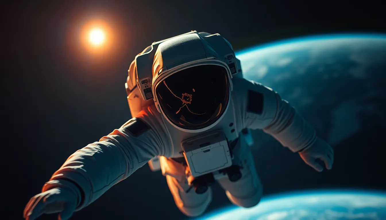 Astronaut Floating in Space Against Earth