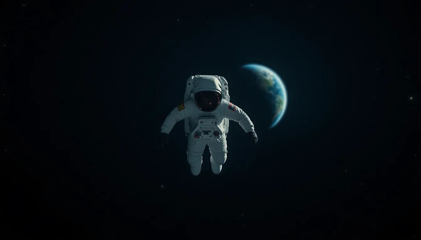 Astronaut Floating in Space with Earth This stunning image captures a lone astronaut adrift in the infinite abyss of space, with the vibrant colors of Earth shimmering in the distance. The soft glow of distant stars complements the astronaut's reflective suit, showcasing a blend of technology and nature. The composition draws the viewer's eye to the central figure, emphasizing the solitude and majesty of space exploration. The dichotomy of textures between the fabric of the suit and the smoothness of the cosmic environment creates a striking visual contrast.
