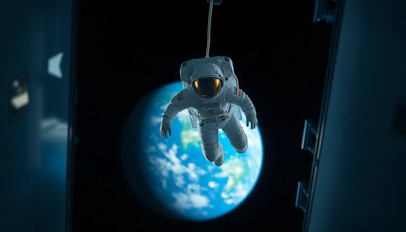 Astronaut Tethered to Space Station