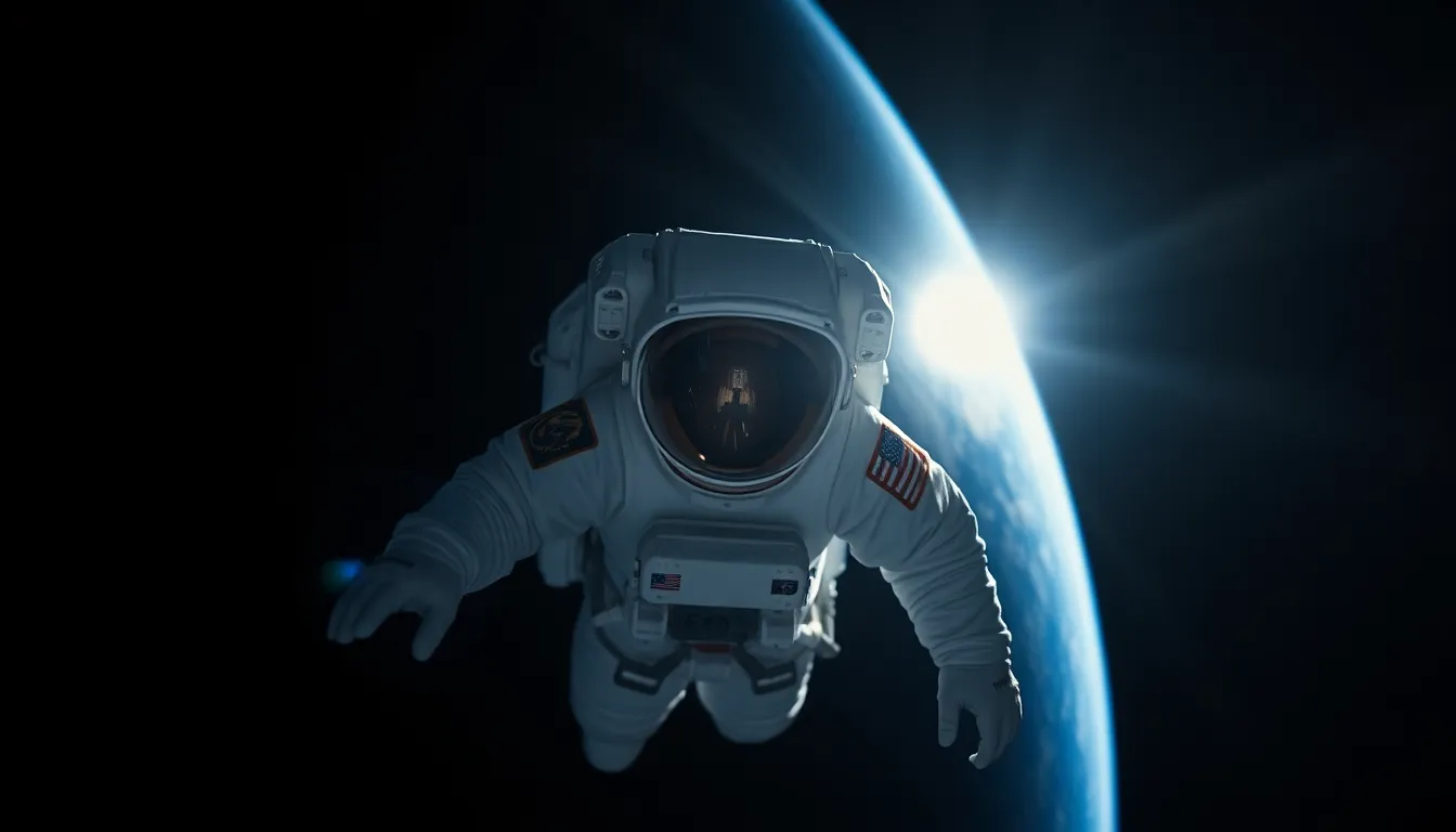 Astronaut Floating in Space with Earth This captivating image depicts an astronaut gracefully floating in the vastness of space, with the stunning curvature of Earth in the background. Bathed in sunlight, the astronaut's spacesuit shines brilliantly against the black canvas of the cosmos, creating a striking contrast. The shallow depth of field emphasizes the feeling of isolation in the vast universe. The vibrant colors and detailed textures evoke a sense of wonder and exploration.