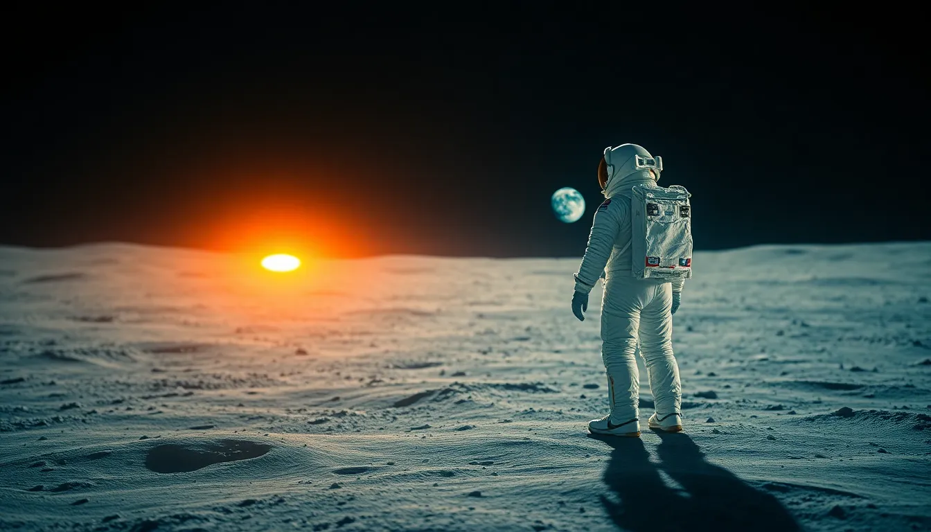 Astronaut Standing on Mars Surface This striking image captures an astronaut in a reflective space suit on the rugged surface of Mars. Illuminated by soft, diffused daylight, the scene highlights the vibrant reddish-brown terrain beneath the astronaut's feet. The focus on the helmet shows intricate reflections, creating a sense of isolation and wonder in the vast Martian landscape. With a balanced composition, the image draws the viewer's eye to the horizon, emphasizing the astronaut's exploration of the unknown.