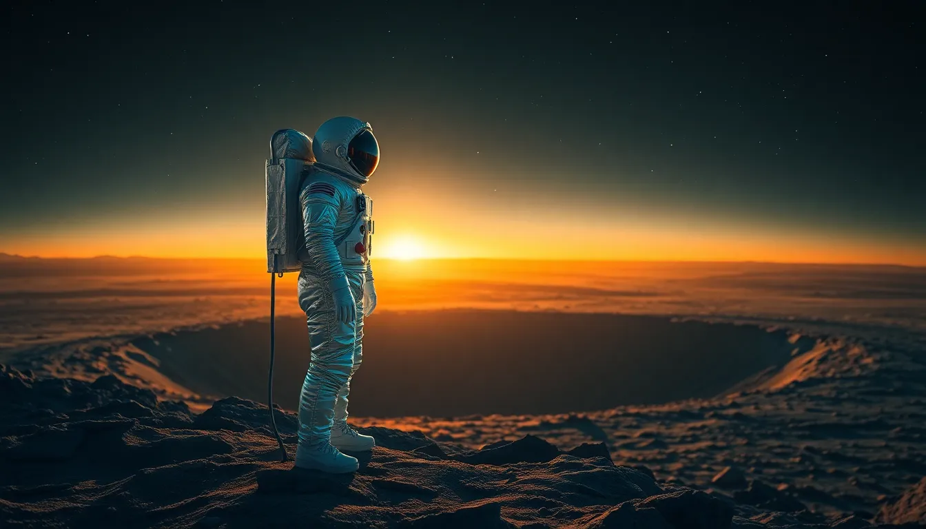 Astronaut at Lunar Crater During Golden Hour