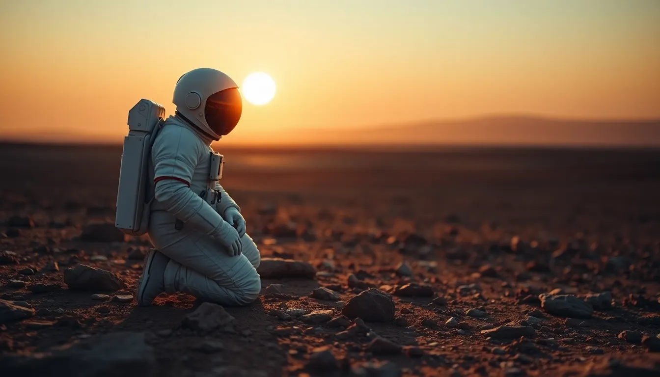 Astronaut Kneeling on Martian Surface