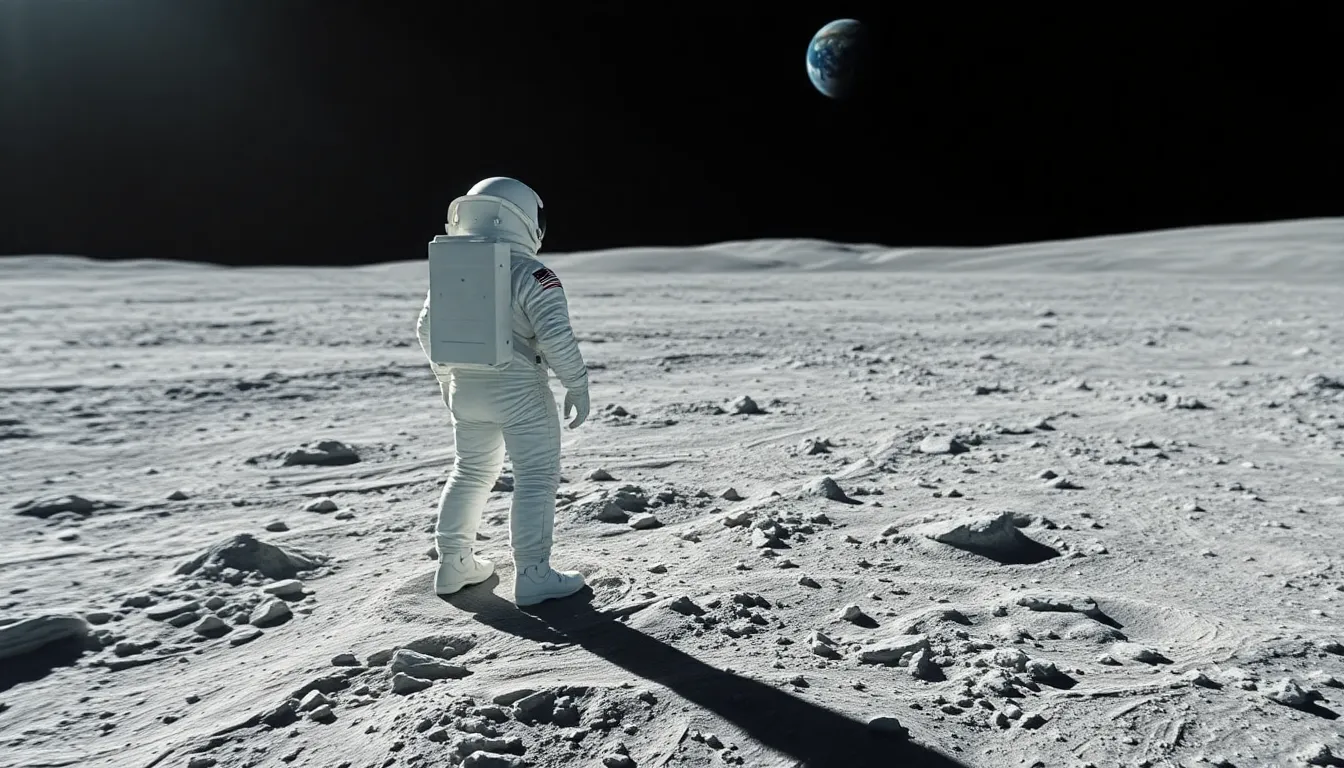 Astronaut Standing on Mars Surface This vivid image displays an astronaut in a pristine spacesuit on the dry, red surface of Mars under harsh sunlight. The reflection in the helmet's visor shows Earth in the distance, creating a profound sense of longing and exploration. The red Martian dust enhances the striking contrast with the blue sky, while leading lines draw attention to the solitary figure. This visual captures the essence of space exploration and the vastness of the universe.