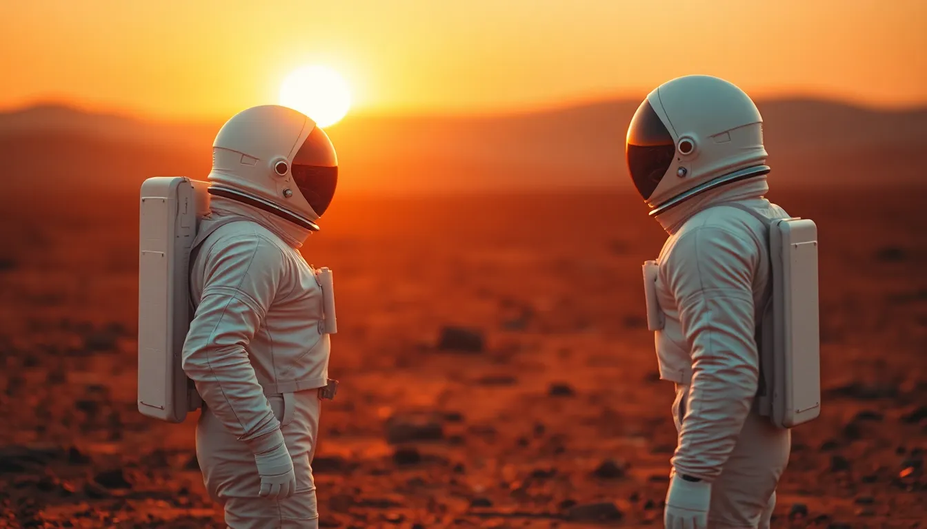 Astronaut on Mars at Sunset This striking image captures an astronaut standing on the Martian surface, looking out at a stunning red sunset. The warm golden light creates dramatic shadows, emphasizing the rough textures of the terrain. With a shallow depth of field, the focus is on the astronaut against a blurred backdrop, enhancing the sense of isolation in this alien landscape. The composition beautifully adheres to the rule of thirds, making it a captivating piece for space enthusiasts.