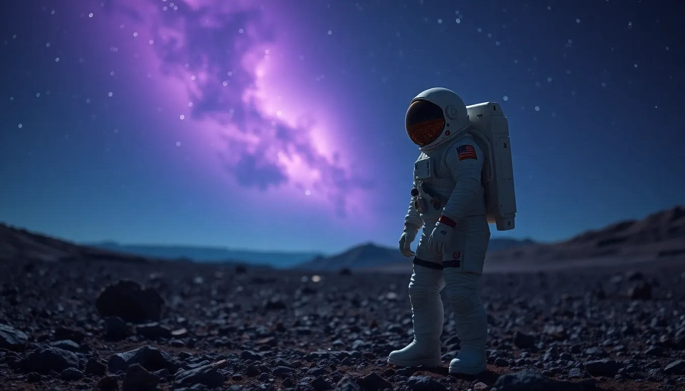 Astronaut on Distant Planet Under Starry Sky