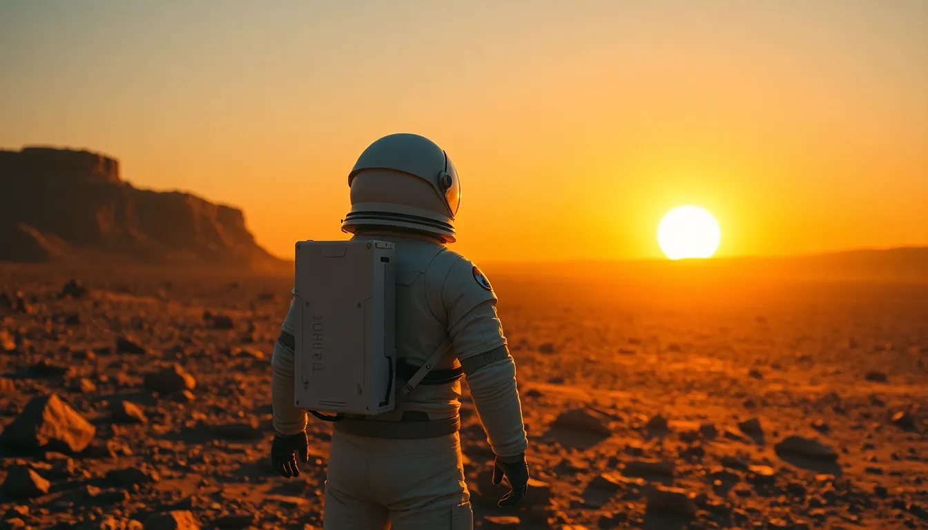 Astronaut on the Surface of Mars at Sunset